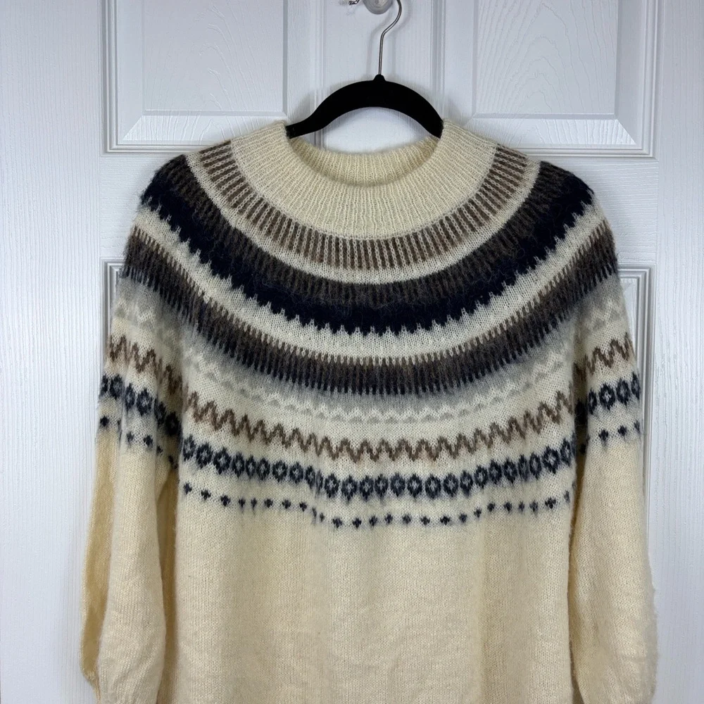 NWOT J. Crew Fair Isle Yolk puff sleeve cream and navy sweater sz sm